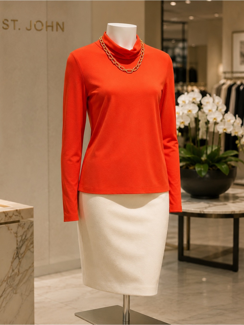 St. John Tangerine Stretch Mock Neck Long Sleeve Top Size L